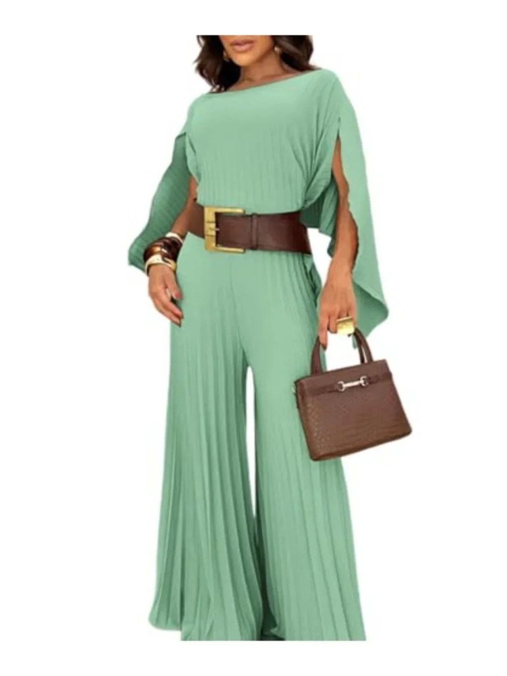 3 Piece Pleated Vacation Outfit Set with Crop Top, Bandeau & Wide Leg Pants